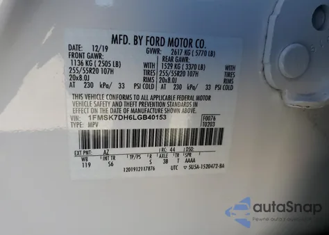 2020 Ford Explorer Xlt из США, поврежденный, VIN 1FMSK7DH6LGB40153